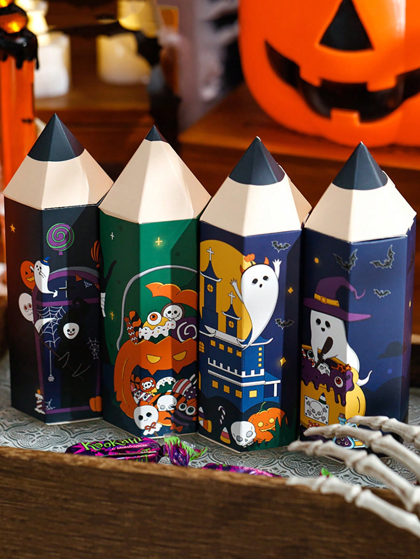 Trends4pcs/Set Halloween Decoration Gift Boxes, Pencil Shape Ghost & Pumpkin Pattern Party Decor ... | SHEIN