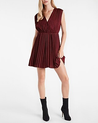 Pleated V-Neck Mini Dress | Express