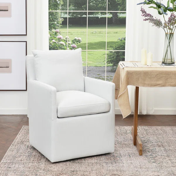 Cheryal 25" Wide Modern No Assembly Upholstered Linen Down Fill Dining Armchair with Casters | Wayfair North America