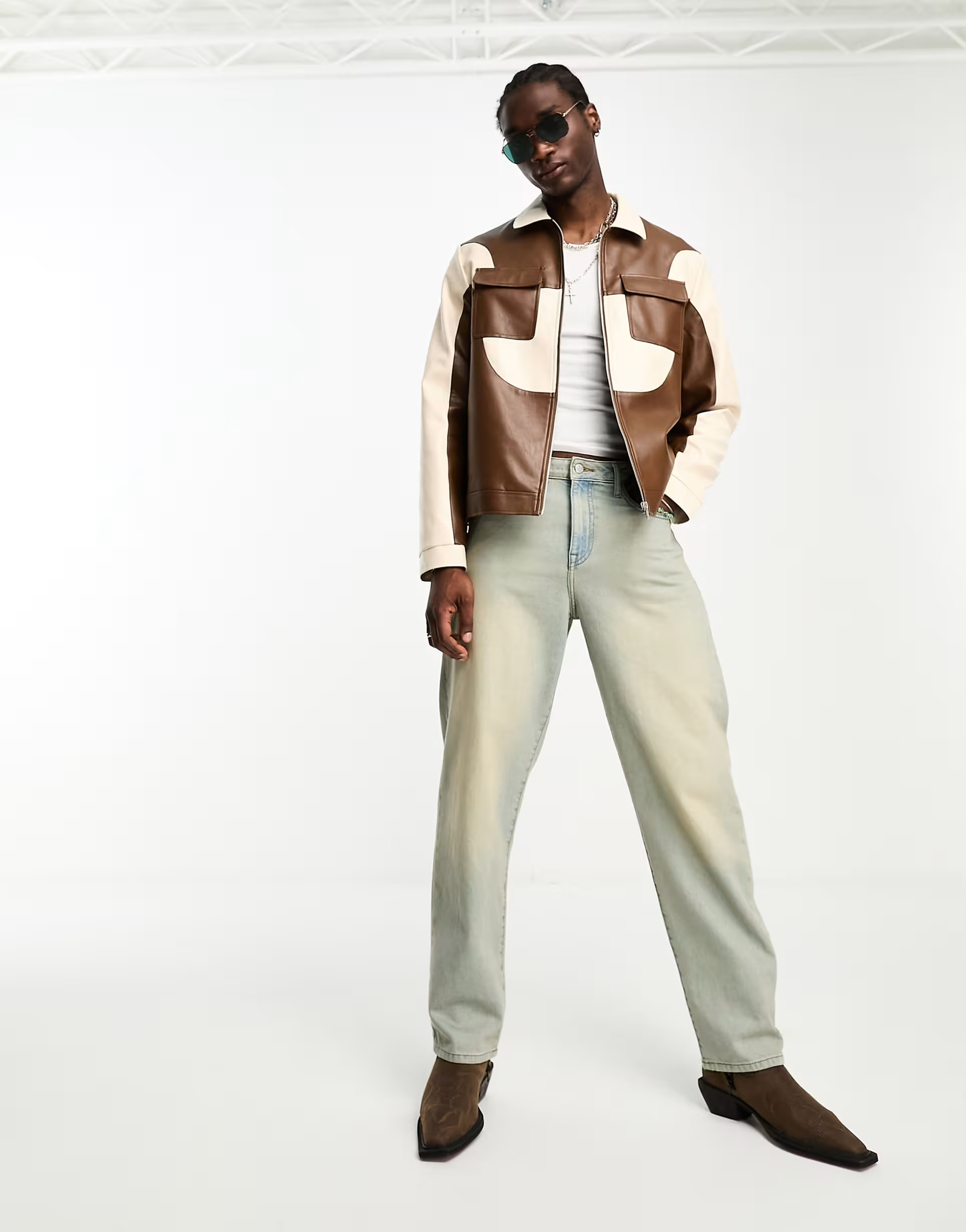 ASOS DESIGN faux leather western jacket in brown cut and sew | ASOS (Global)