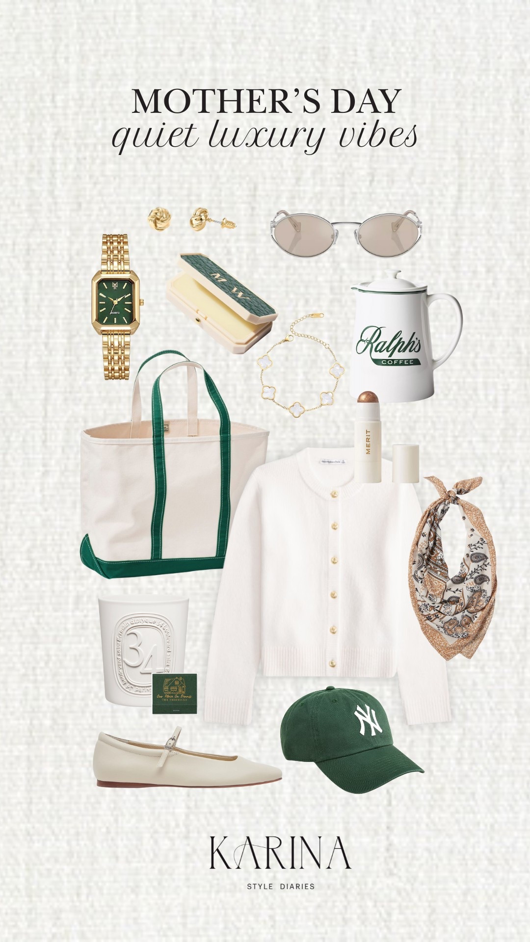 Treat your mom to something special with one of these Mother’s Day gift ideas! ✨🤍 All of these picks give major quiet luxury vibes and are sure to show her how much you appreciate her. I’m living for the green and white color combo here (which just feels luxe and high-end.) Whether she’s into fashion, interiors, or beauty, there’s something here that she’s guaranteed to adore! 

#LTKFindsUnder100 #LTKHome #LTKGiftGuide