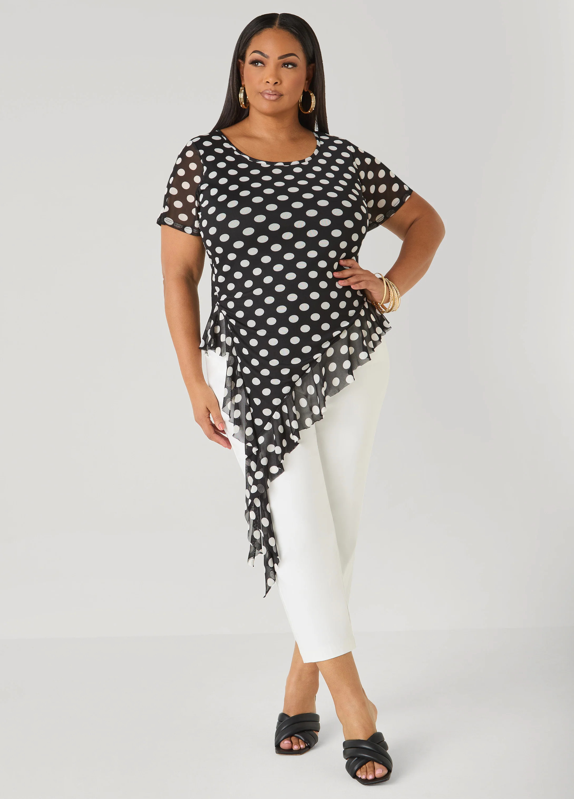 Plus Size Ruffled Polka Dot Mesh Top, Black White, 30/32 - Ashley Stewart | Ashley Stewart