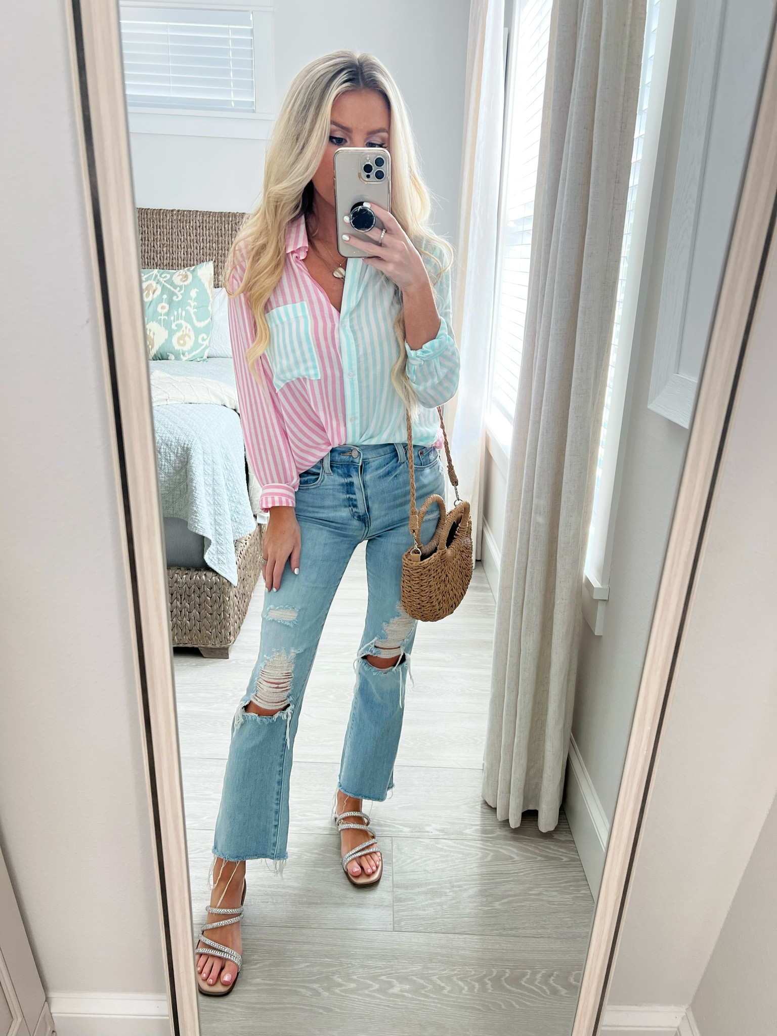 Spring outfit. Button up shirt. Spring break. Jeans. Sandals. Straw crossbody bag  

#LTKunder100 #LTKSeasonal #LTKstyletip