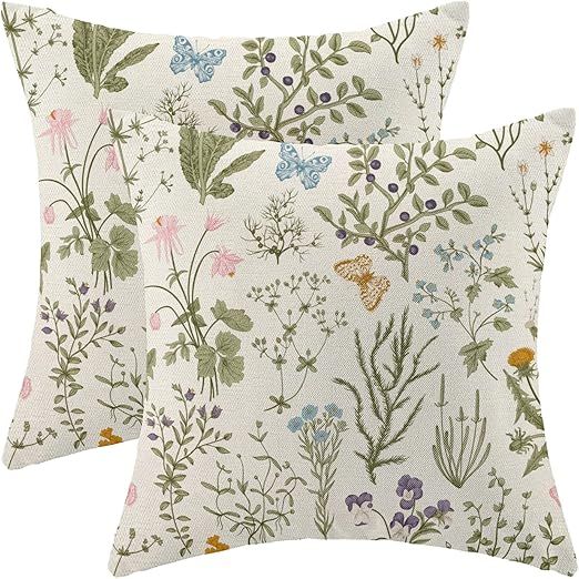 Spring Pillow Covers 18x18 Inch Set of 2,Sage Green Wild Flower Plant Throw Pillows Case,Seasonal... | Amazon (US)