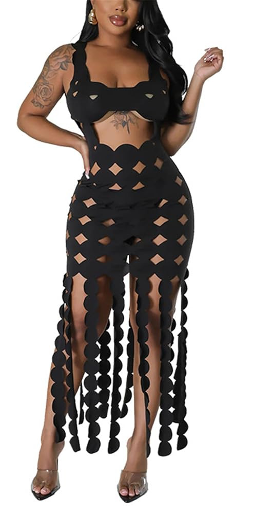 Womens Sexy Sleeveless Solid Color Hollow Tassel Casual Dress Nightclub Clubwear Dress | Amazon (US)