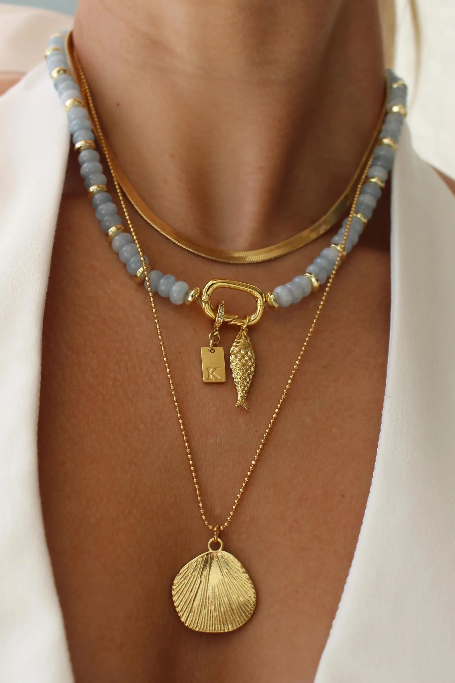 Aquamarine Jade Beaded Necklace with Gold Fish Charm | Boho Beach Jewelry | Etsy (Global)