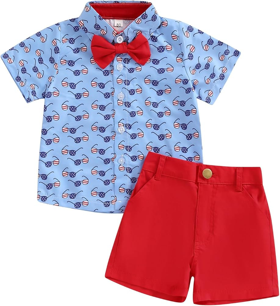 FYBITBO Toddler Baby Boy 4th of Outfits Gentleman Short Sleeve Button Down Shirt Dress Shorts Fou... | Amazon (US)