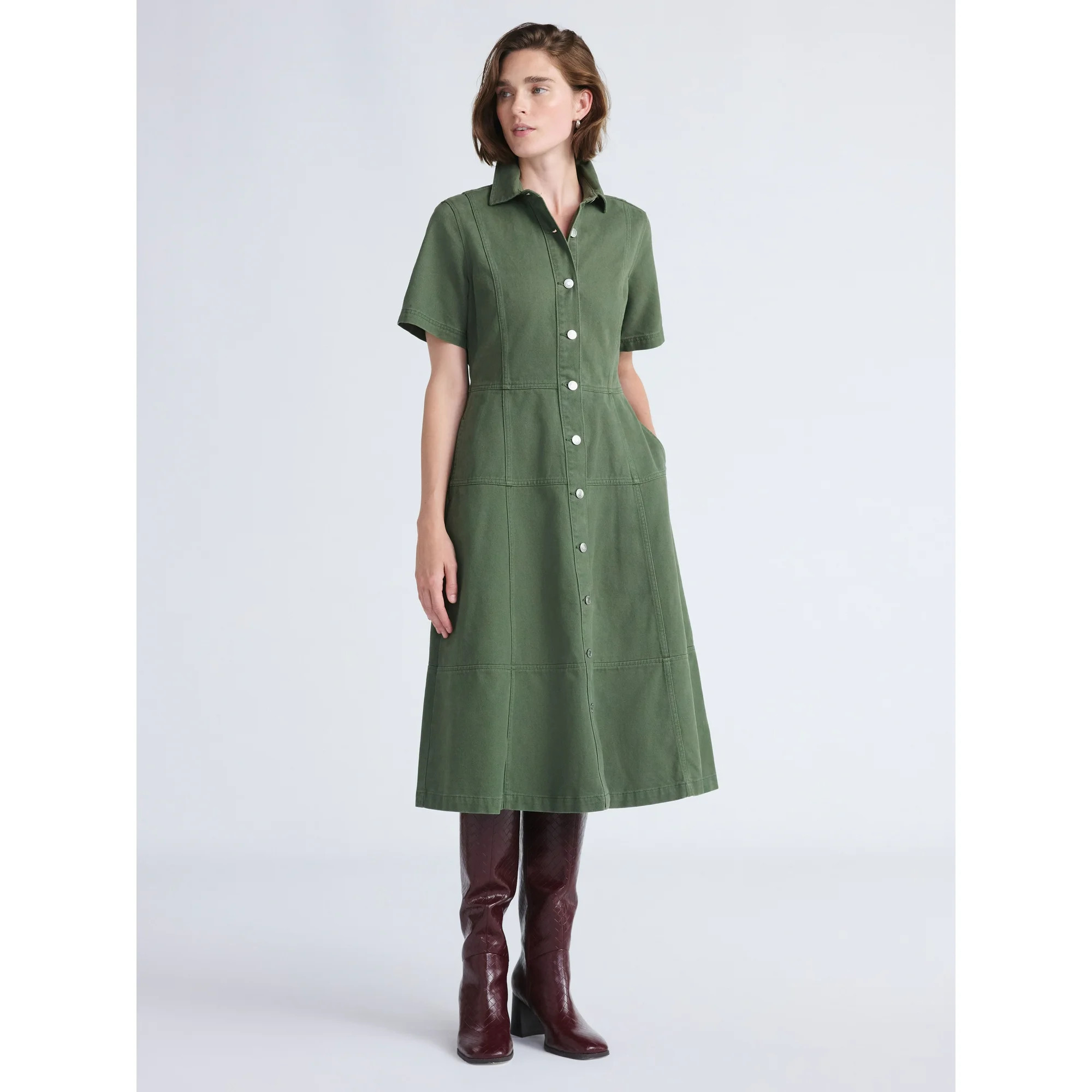 Free Assembly Women's Button Front Cotton Midi Dress with Short Sleeves, XS-XXL - Walmart.com | Walmart (US)