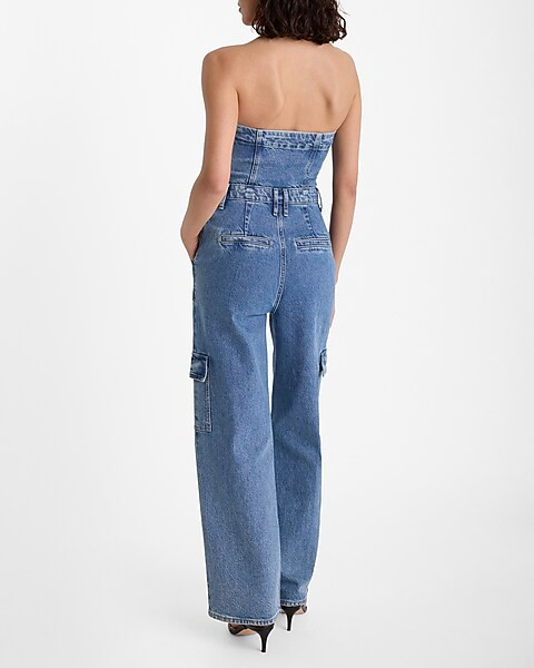 Light Wash Strapless Wide Leg Denim Jumpsuit | Express
