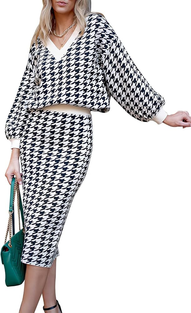 Pink Queen Women's 2 Piece Outfits Set Knit V Neck Batwing Long Sleeve Loose Top Bodycon Midi Ski... | Amazon (US)