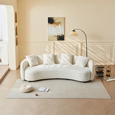 White Modern Curved Sofa Couch Throw Pillows Japandi Style Boucle Sofas Minimalist Comfy Couches For Living Room Apartment | Wayfair North America