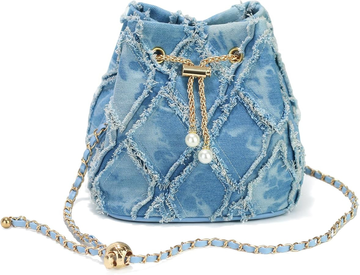 Small Denim Bucket Bag for Women Quilted Jean Drawstring Purse with adjustable Strap Stylish Shou... | Amazon (US)
