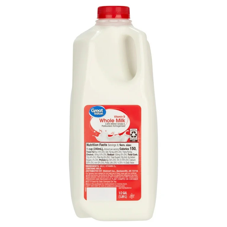 Great Value Milk Whole Vitamin D, Half Gallon, Plastic, Jug, 64oz | Walmart (US)