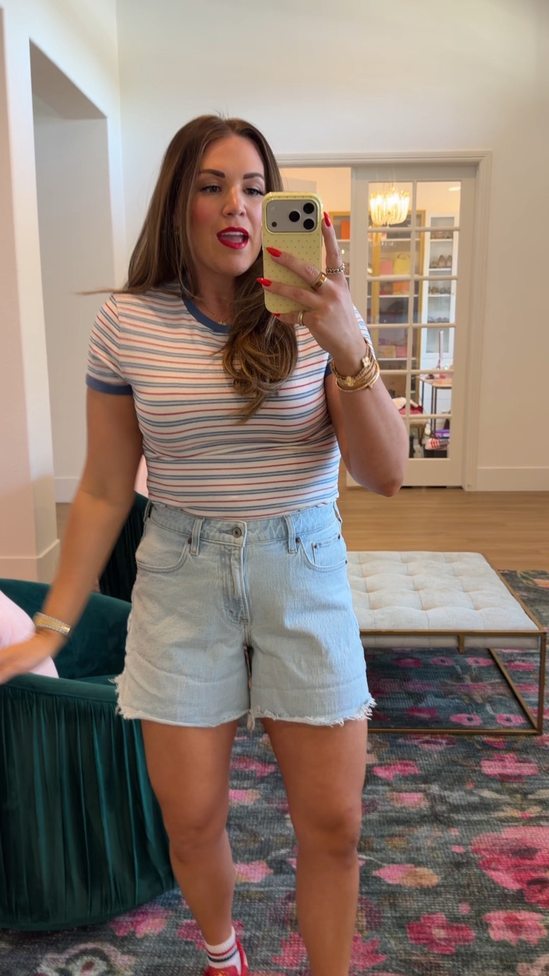 curvy midsize red, white, and blue casual look for memorial day! wearing size large in baby tee and size 30 in raw hem denim shorts

#LTKSeasonal #LTKMidsize