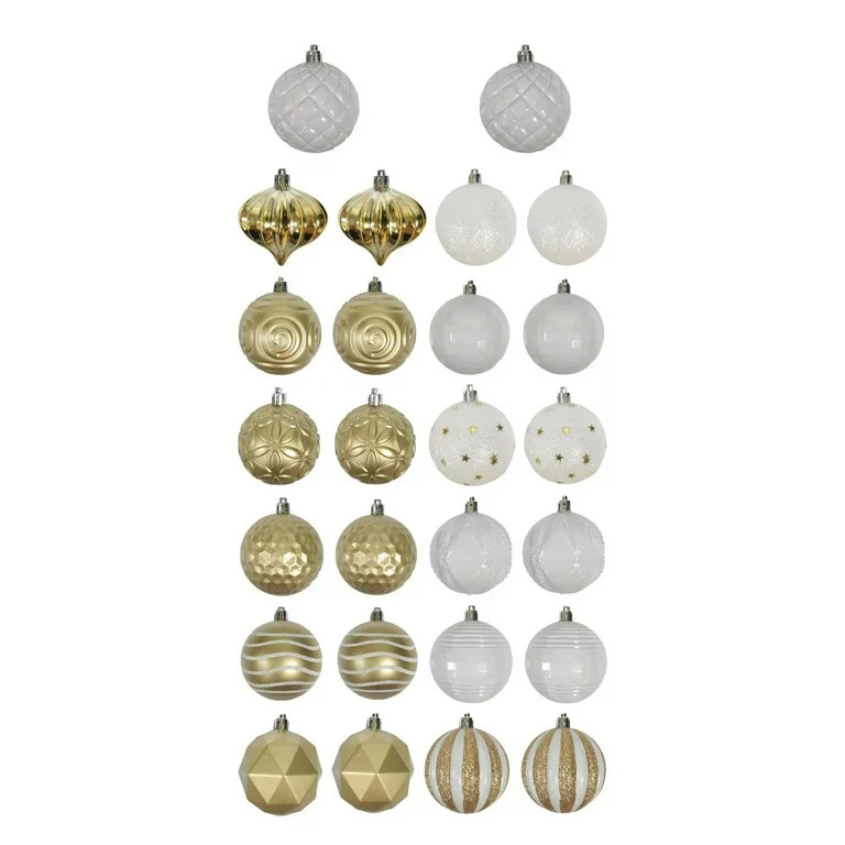 Multi-Shaped Gold & White Christmas Shatterproof Ornaments, 2.68 in, 26 Count, by Holiday Time | Walmart (US)