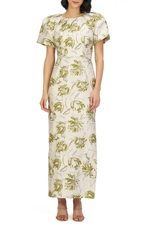 JS Collections Penny Metallic Floral Jacquard Sheath Gown in Green/Egret at Nordstrom, Size 2 | Nordstrom