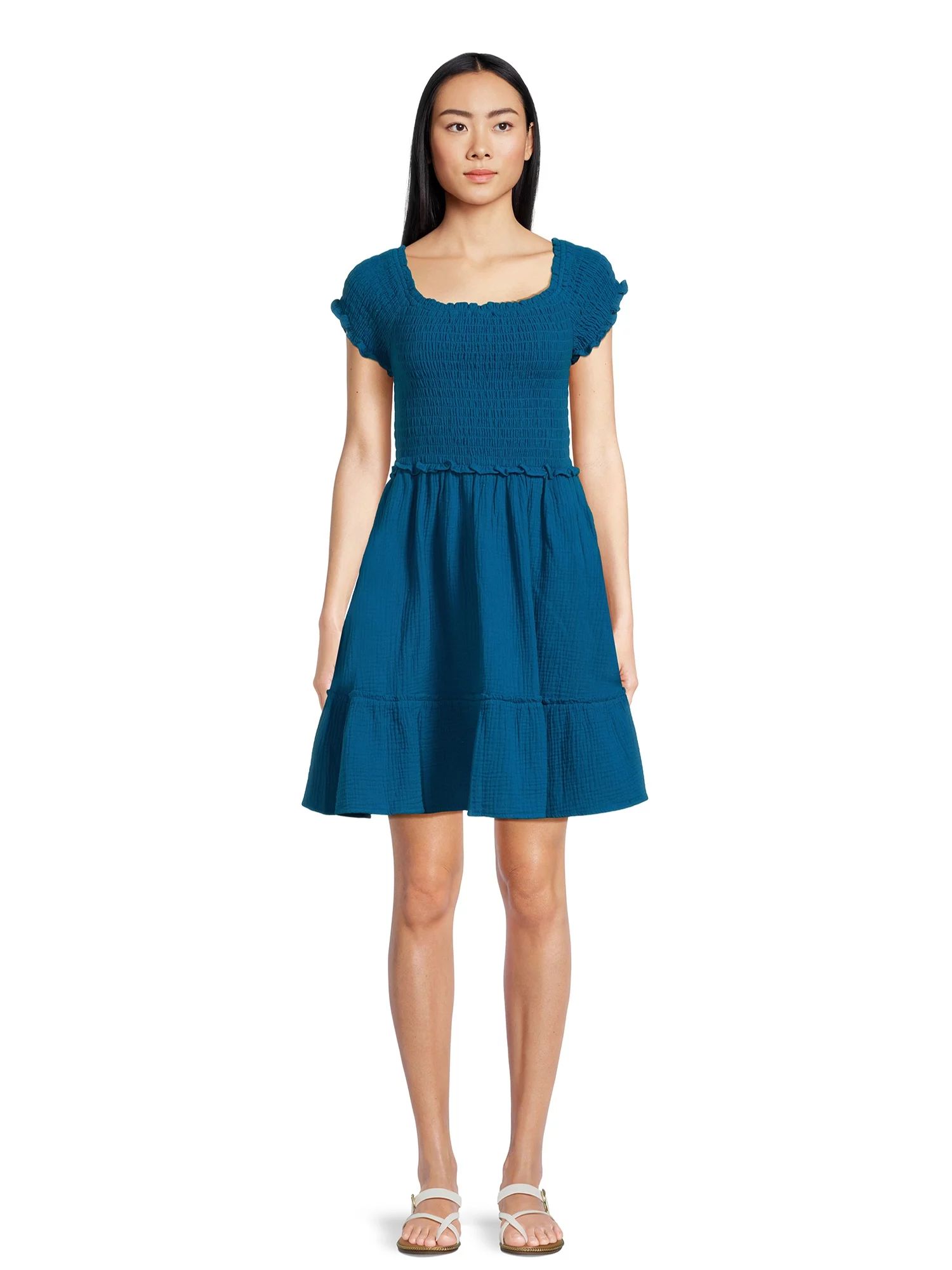 Time and Tru Women's Short Sleeve Smocked Mini Double Cloth Dress | Walmart (US)