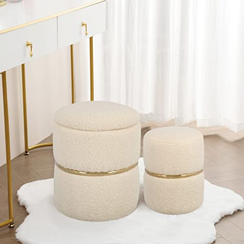 Furniliving Faux Fur Round Ottoman Foot Stool, Wool Curl Upholstered Storage Ottoman with Gold Stain | Amazon (US)