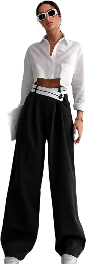 Bollrllr Women's Stitching Wide-Leg Pants Hit Color Casual High-Waisted Pants Spring and Summer L... | Amazon (US)