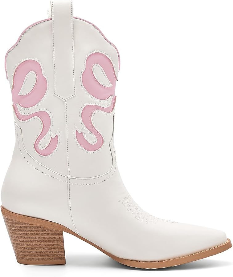 Women's White Cowboy Boots with Colorful Bows Embroidered Cowboy Boots Fashion Almond Pointed Toe... | Amazon (US)