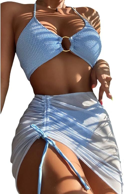 MakeMeChic Women's 3 Piece Bathing Suits Halter Ring Bikini Set with Cover Up Skirt | Amazon (US)