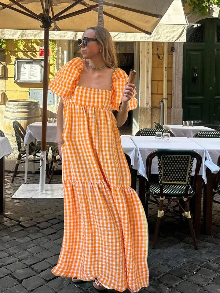 SHEIN Essnce Buntes, kariertes Sommerkleid für Damen mit Puffärmel, Sommerkleid im hawaiianisch... | SHEIN