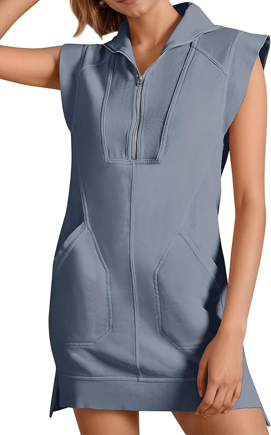 Fisoew Womens Summer Half Zip Sweatshirt Dresses V Neck Collared Sleeveless Workout Tunic Mini Dr... | Amazon (US)