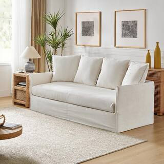 Severin 80.3 in. Square Arm Polyester Rectangle Slipcovered Sofa in White | The Home Depot