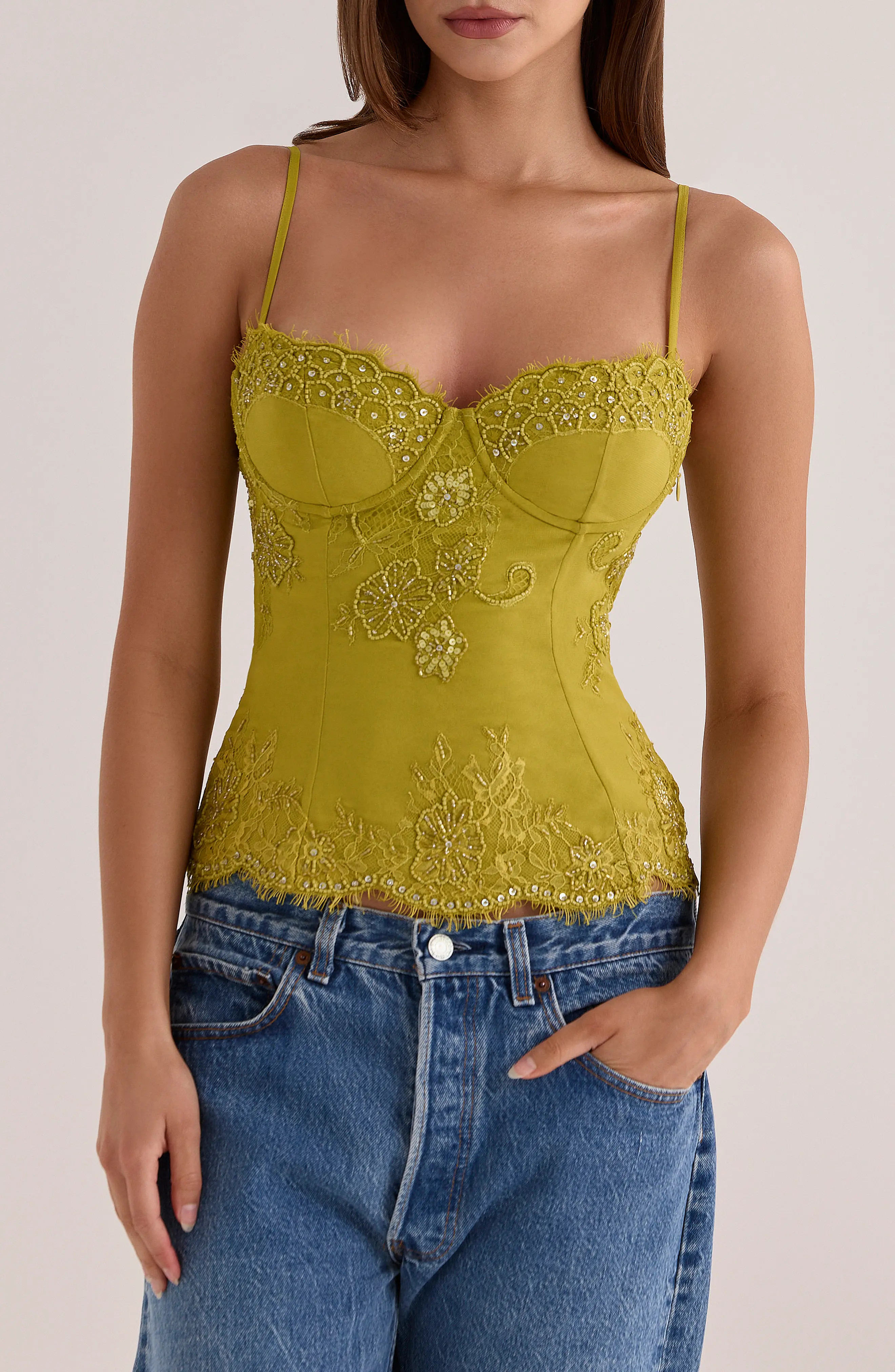 HOUSE OF CB Soraya Lace and Bead Corset Top in Pear Green at Nordstrom, Size X-Small | Nordstrom