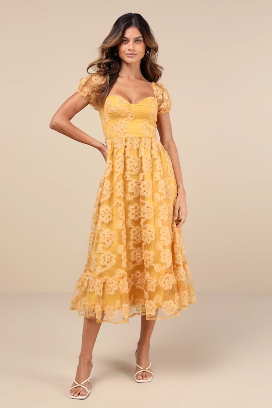 Notable Elegance Yellow Mesh Floral Applique Bustier Midi Dress | Lulus