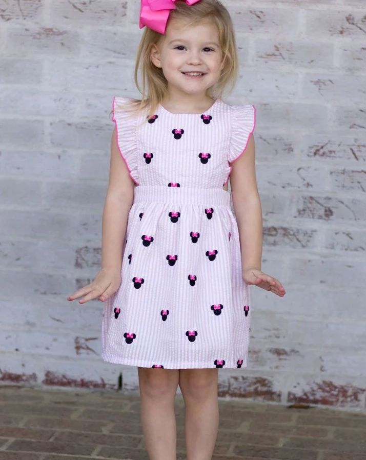 Mouse Embroidered Pink Seersucker Penny Dress | Smockingbird Kids