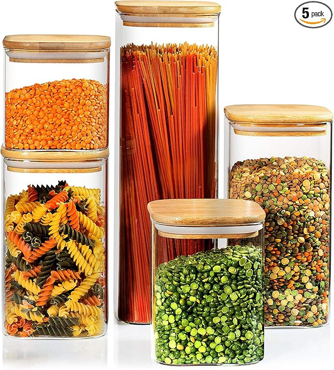 5 Square Glass Kitchen Canisters with Airtight Bamboo Lid - Glass Storage Jars with Wooden Lids f... | Amazon (US)