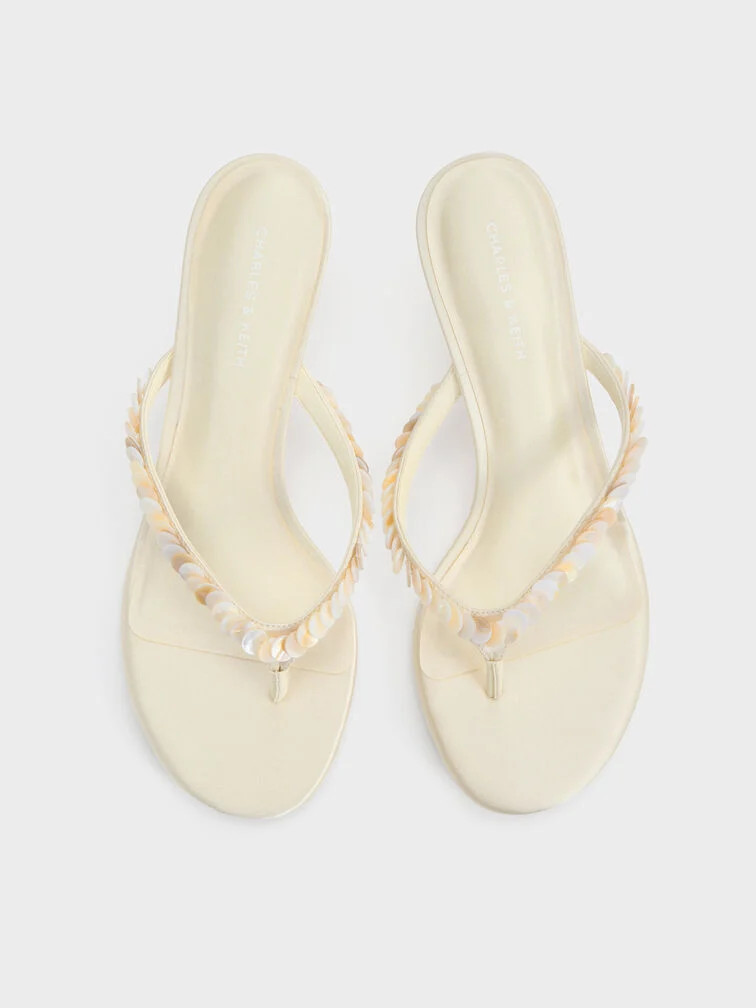 Briella Sequinned Heeled Thong Sandals
    
         - Cream | Charles & Keith UK