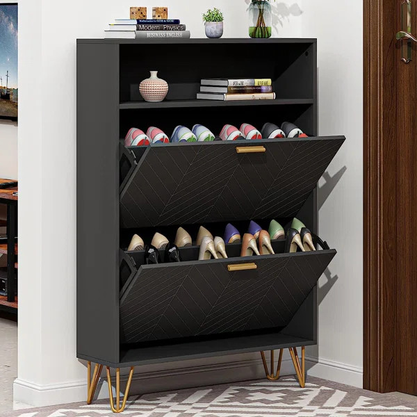 Erandy Shoe Cabinet, Freestanding Tipping Bucket Shoe Storage Cabinet with 2 Flip Drawers | Wayfair North America