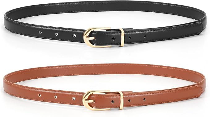 JASGOOD 2 Pack Womens Skinny Leather Belt Ladies Thin Faux Leather Belt with Gold/Silver Buckle f... | Amazon (US)