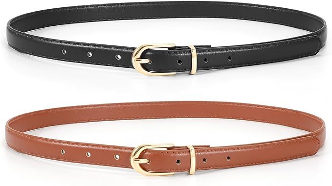 JASGOOD Womens Thin Leather Belt Skinny Faux Leather Belt for Jeans Dress with Gold Alloy Buckle | Amazon (US)