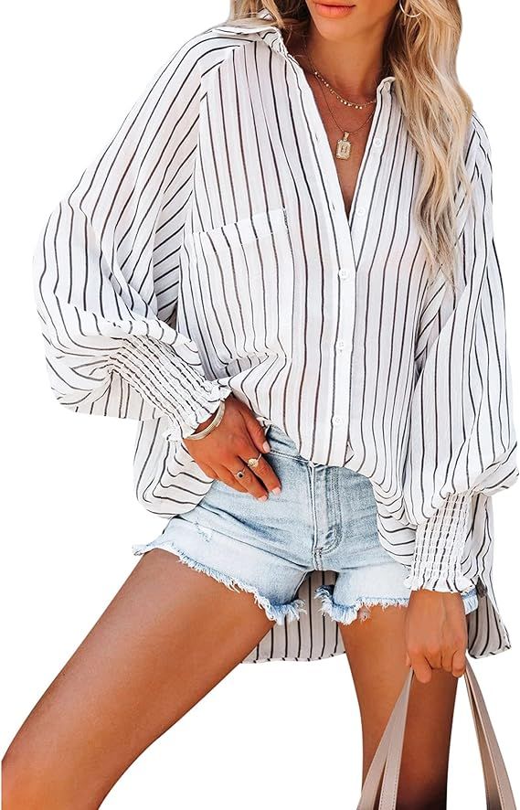 NLBZYDHFC Women's Button Down Shirt Long Puff Sleeve V Neck Striped Shirts Casual Tunic Blouse To... | Amazon (US)