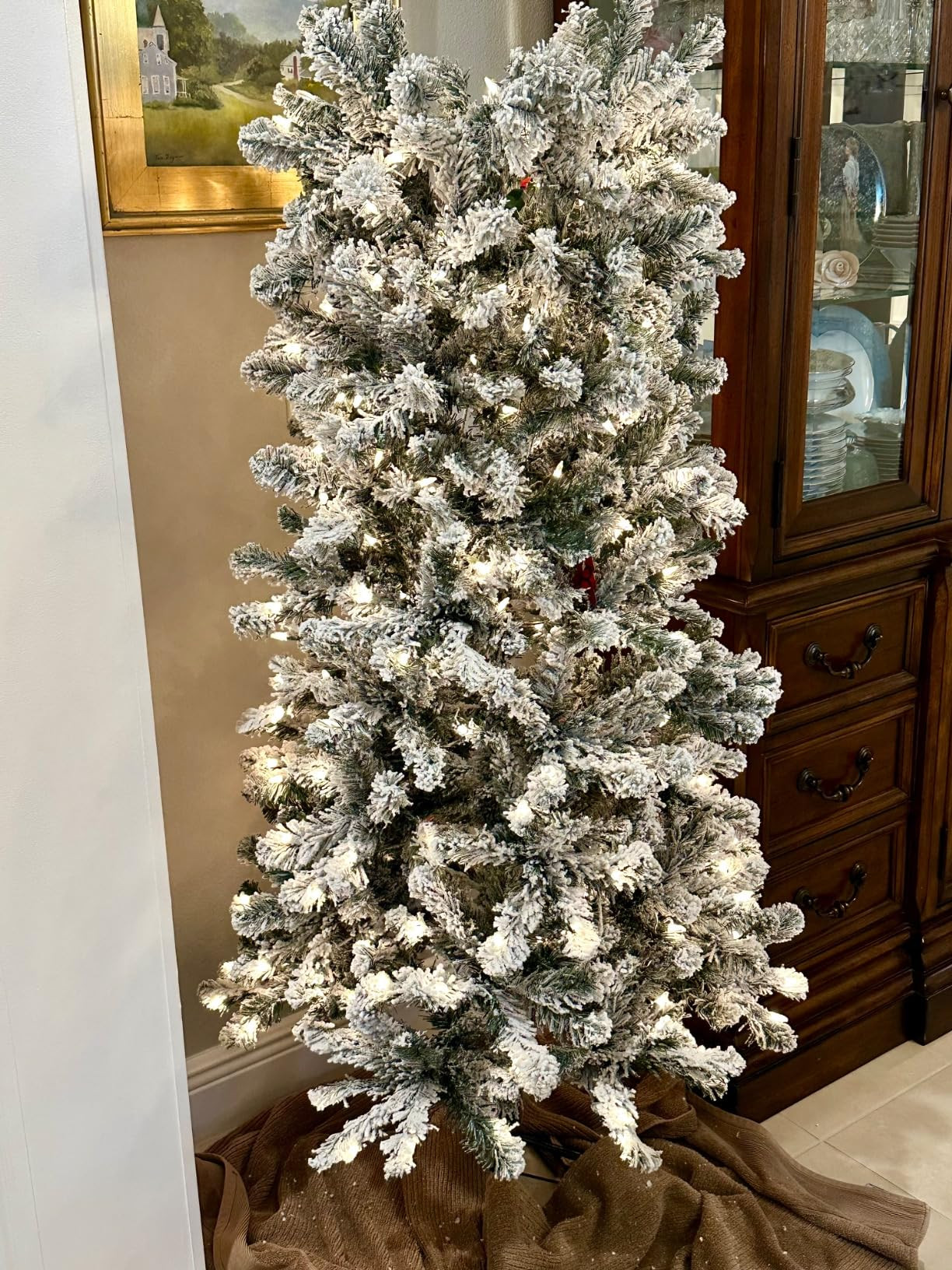 SHareconn 7.5ft Prelit Snow Flocked Artificial Hinged Slim Pencil Christmas Tree with Warm White ... | Amazon (US)