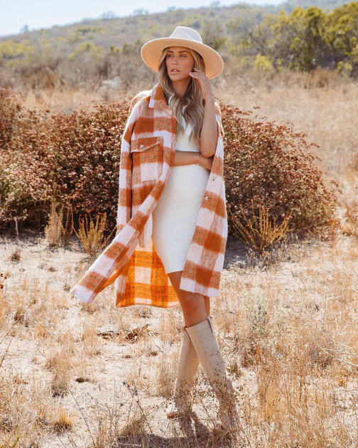 Sunkissed Fall Skies Pocketed Plaid Button Down Coat | VICI