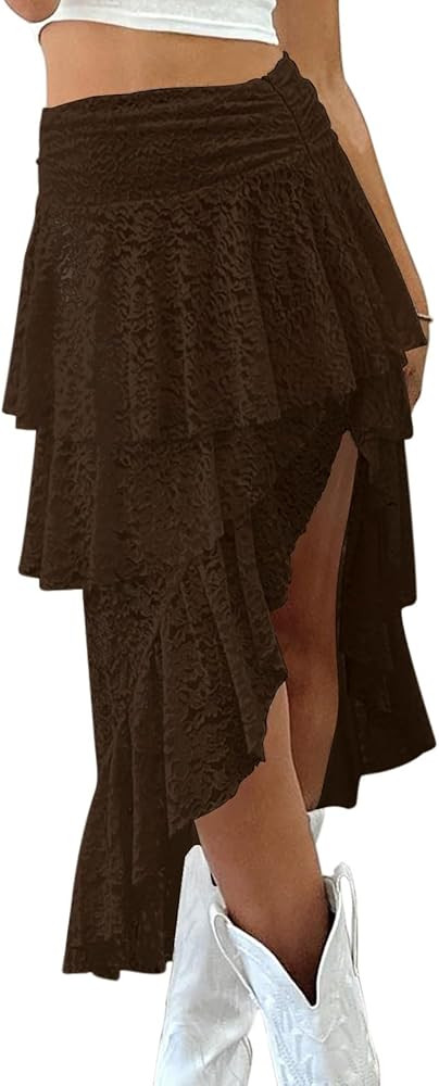 Yousify Womens Lace Midi Skirts High Waist Y2K Asymmetrical Layered Flowy Fairy Skirts Floral Bea... | Amazon (US)