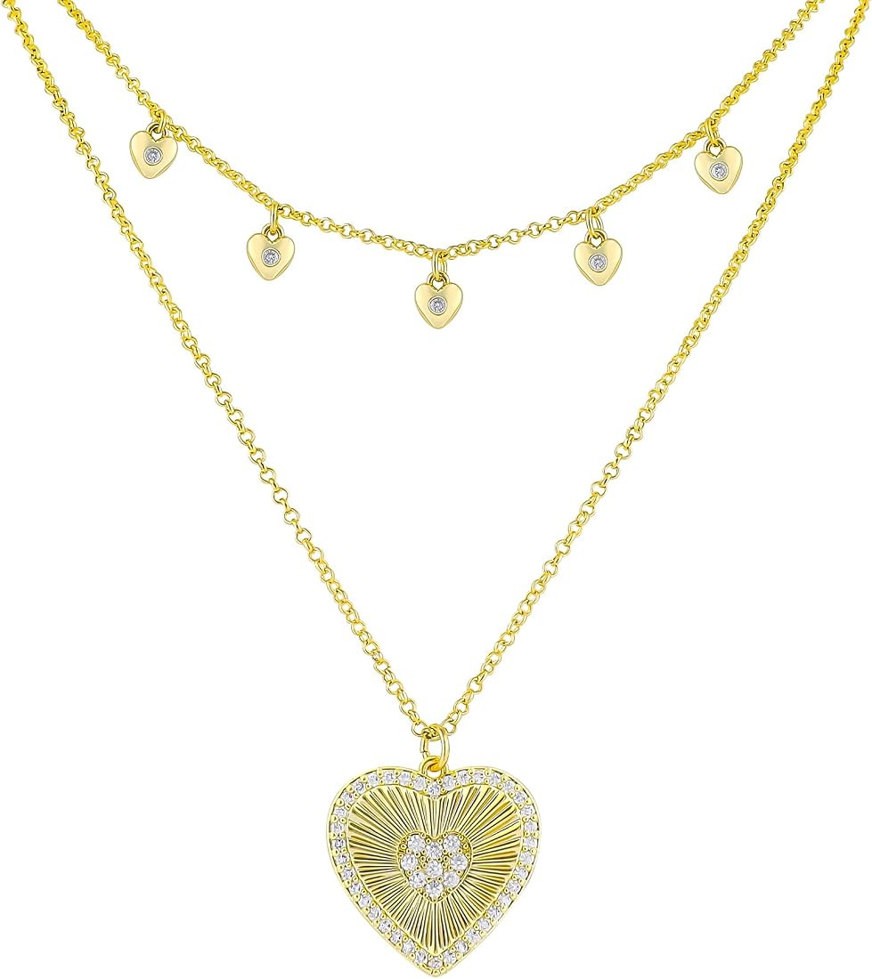 Layered Gold Heart Necklace for Women 14K Gold Plated Textured Love Heart Pendant Necklace with C... | Amazon (US)