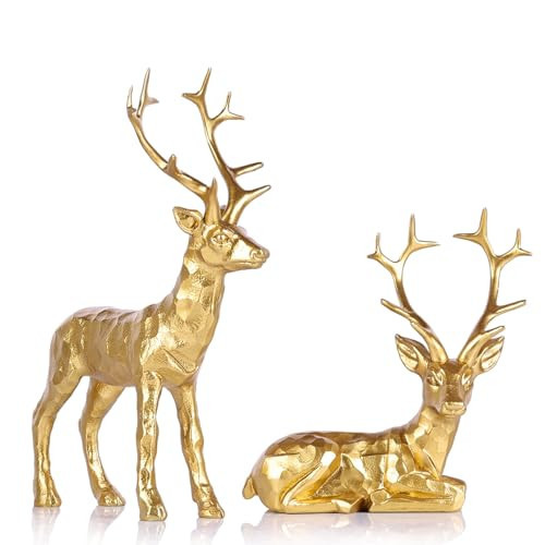 Set of 2 Gold Reindeer Christmas Decor Figurines - Handcrafted Resin Deer Statues for Tabletop Mantel or Shelf, Elegant Gold Reindeer Decor and Christmas Deer Figurines for Holiday Home Decoration | Amazon (US)