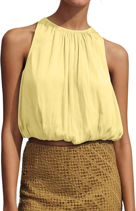Ythomm Women’s Halter Crop Bubble Tops Summer Sleeveless Crewneck Puffy Hem Cropped Tank Tops F... | Amazon (US)