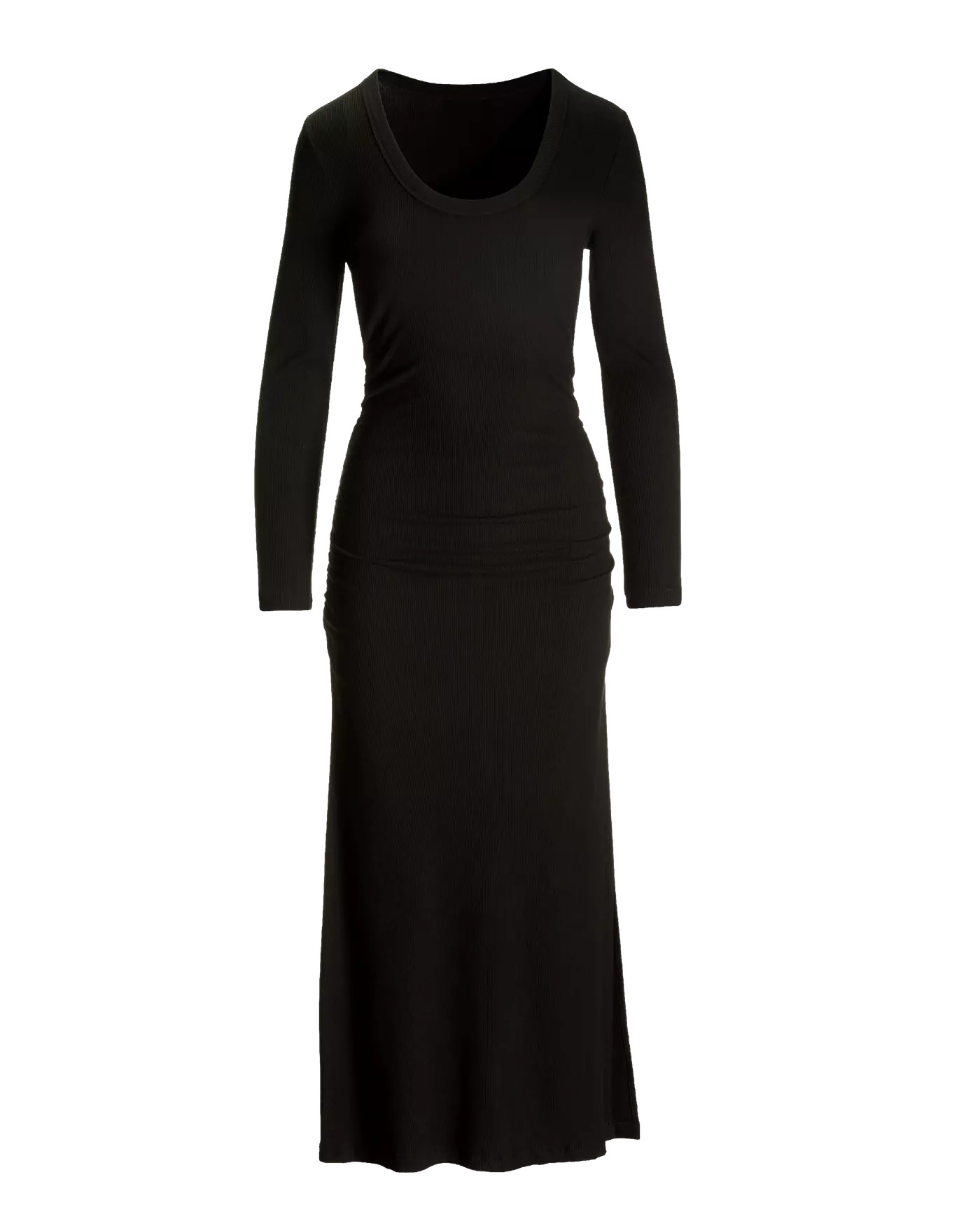 Long Sleeve Scoop Neck Ribbed Midi Dress - Black | Boston Proper | Boston Proper
