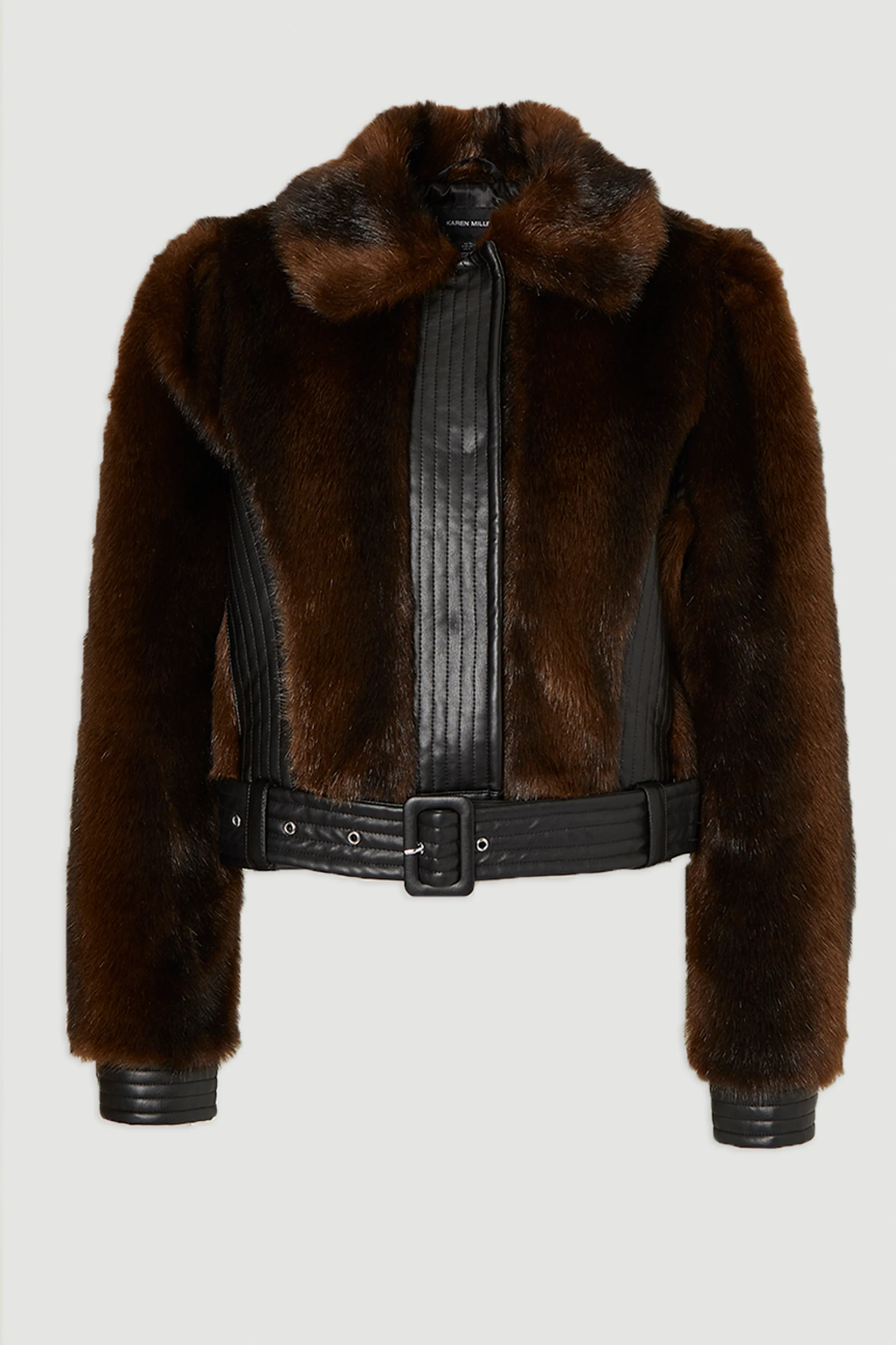 Faux Fur PU Panelled Belted Cropped Jacket | Karen Millen UK + IE + DE + NL
