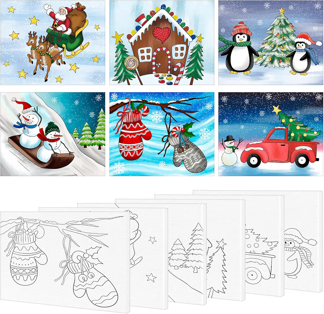 COCHIE 6 Pack 8x10 Inches Christmas Pre Drawn Canvas to Paint for Sip and Paint Party, X-mas Pre Printed Canvases, Peppermint Candy House Snowman Pre Sketched Canvas for Painting for Adults, Kids | Amazon (US)