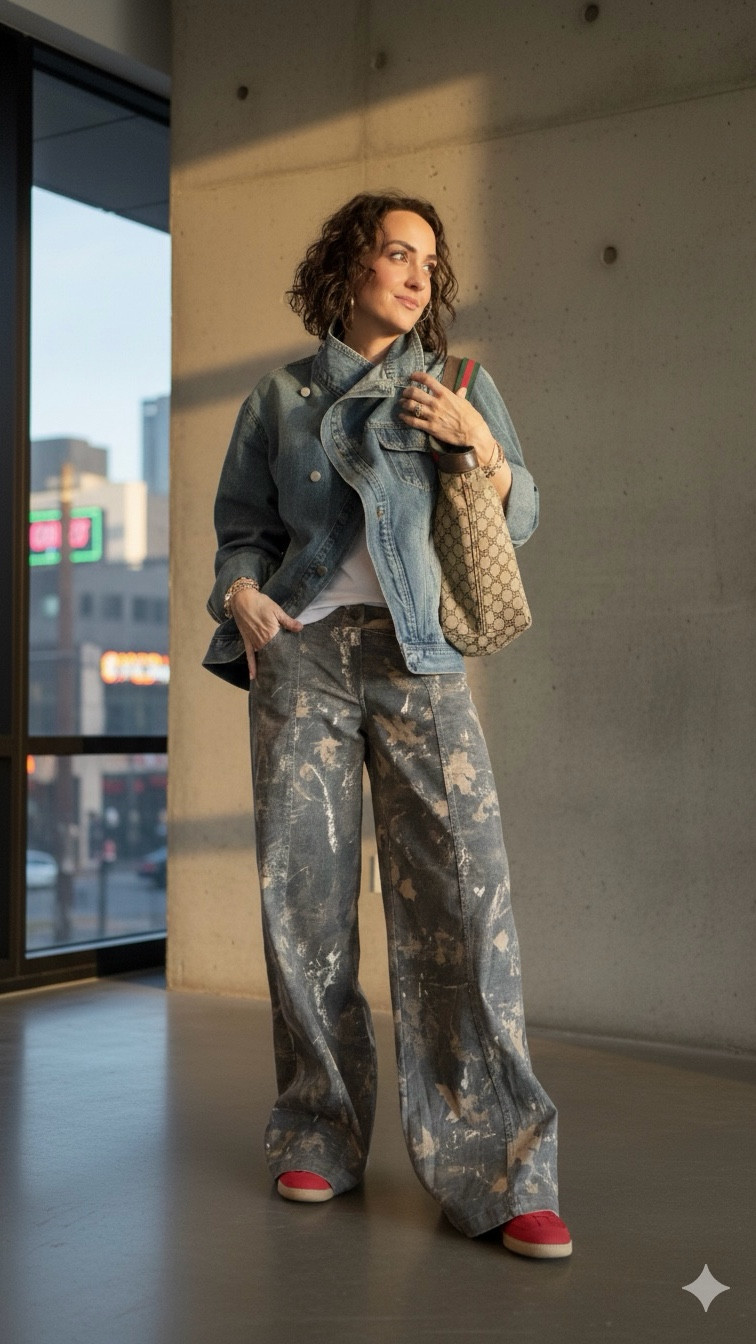 S asymmetrical high neck denim 
S camo baggy pants 


#LTKdayinmylife #LTKgrwm #LTKOver40