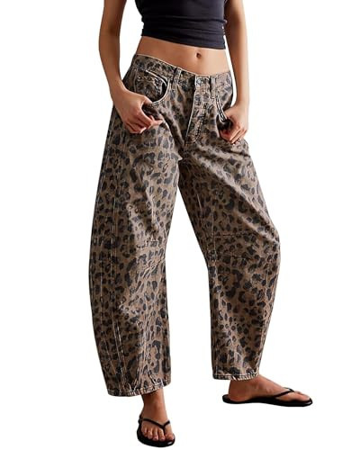 EZAPINE Women Leopard Barrel Jeans Casual Wide Leg Baggy Pants Y2k Boyfriend Mid Rise Denim Ankle Pants | Amazon (US)