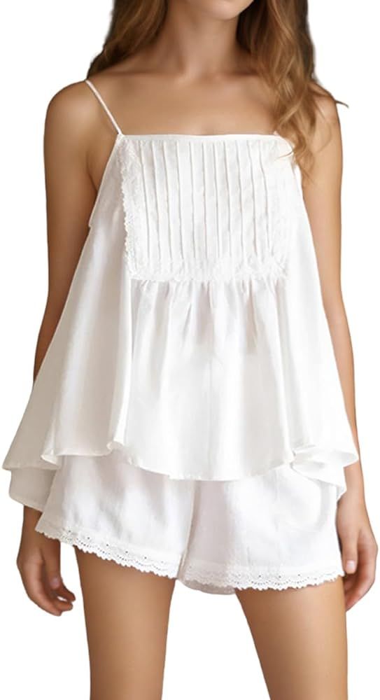 Sotimoon Womens Summer 2 Piece Set Tie Straps Ruffle Trim Cami Top and Shorts Set Cotton Pajamas ... | Amazon (US)