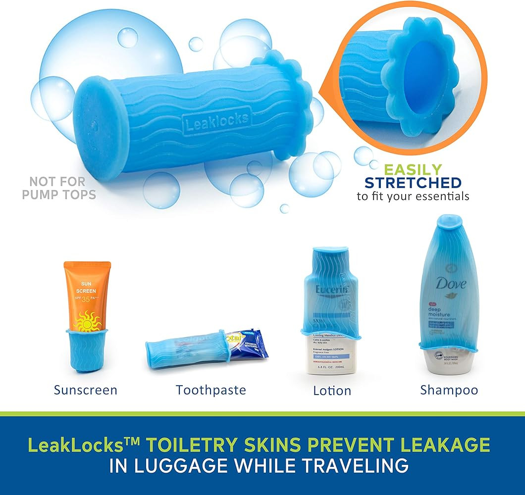 LeakLocks® Toiletry Skins™ 4 pak Elastic Sleeves for Leak Proofing Travel Containers in Luggage. For | Amazon (US)